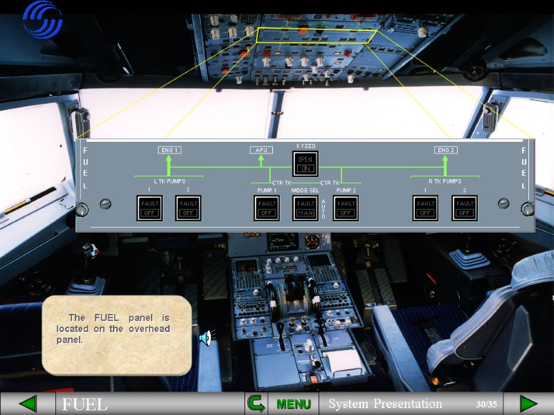The FUEL panel is located on the overhead panel. MENU